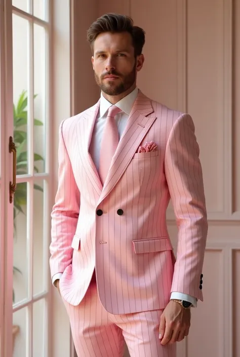 Create a man with a pastel pink suit with black sizes and a white shirt with a small pink tie 