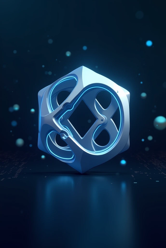 Create a futuristic 3D icon logo with a minimalist, geometric design. The logo should have interconnected shapes with smooth, rounded edges, symbolizing digital connectivity and innovation. Use a metallic finish with a slight reflection, and add a soft, bl...