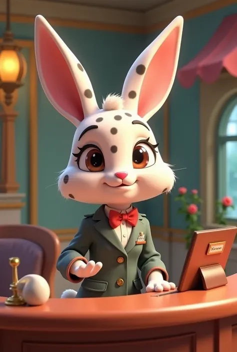 Female, spotted, cute bunny, haregon, fancy receptionist, animated 