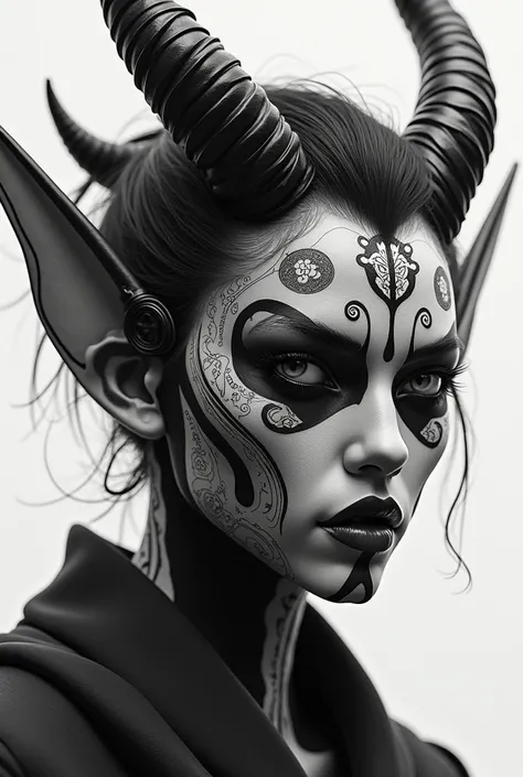 A hyperrealistic face of a Japanese cyberpunk demon with traditional Japanese elements in black and white 