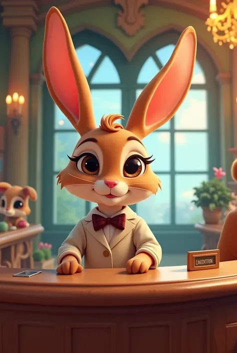 Female, spotted, cute bunny, haregon, fancy receptionist, animated 