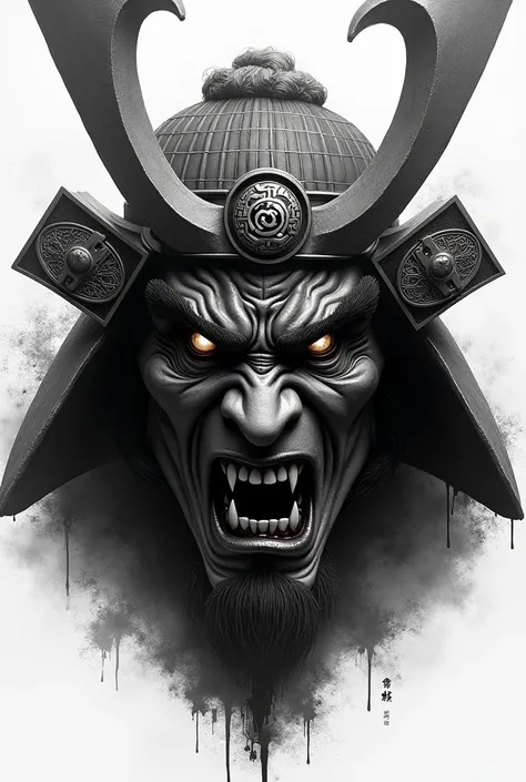 A hyperrealistic face of a samurai demon with traditional Japanese elements in black and white 