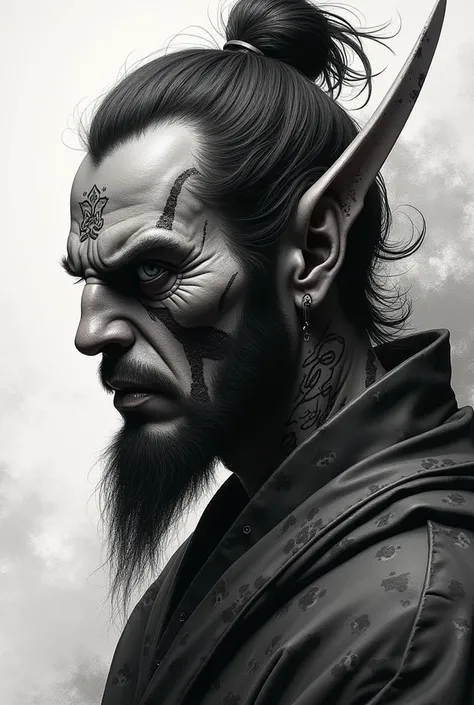 A hyperrealistic side profile face of a samurai demon with traditional Japanese elements in black and white 