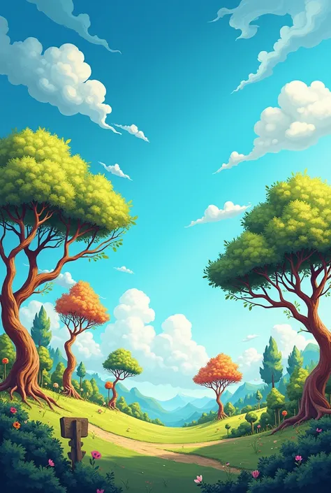 More specifically, I want a tree-themed background with a blue sky in the background, I want it to have a drawn style but with a large space