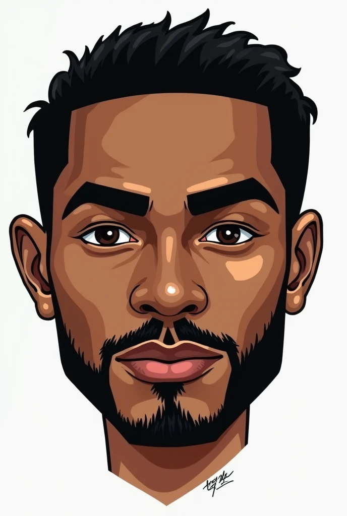 Create a drawing of a black man with slanted eyes, thick and well-done eyebrows, low black hair and a smooth mustache..