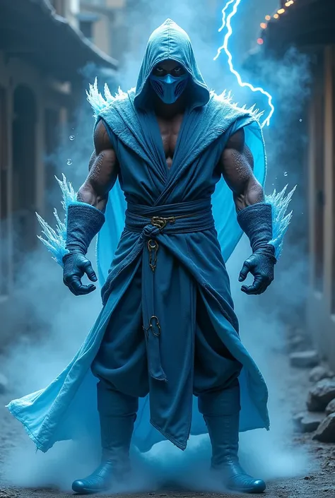 ((Subzero do Mortal Kombat, ultra Realistic)), ((( full body ))), ((Perfect Hands)), stunning, hyper-realistic, Render octan , surrounded by the effect of smoke and lightning, Mortal Kombat Style, old background, elegant, stunning, (wallpaper),  concept ar...