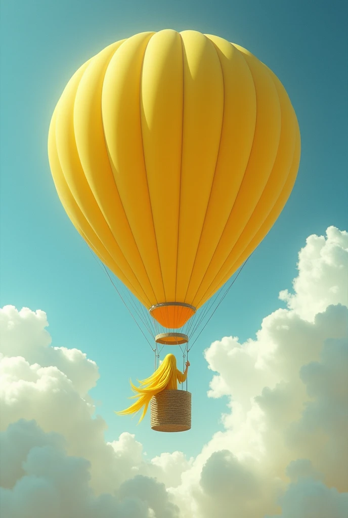 Image of the  dreaming awake who is in the yellow balloon flying in the blue sky.