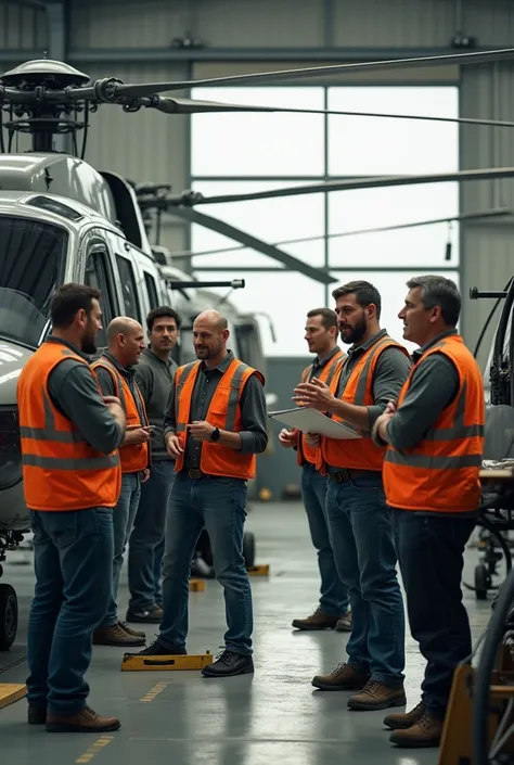 distracted employees interacting chatting with each other when they are working in a helicopter repair hangar.