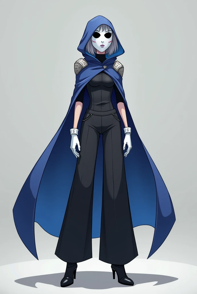 (1female, solo) faceless, white mask (white face mask, black eyes/) grey hair, grey clothing bodysuit, open wide trousers pants, white gloves, black heels boots, blue long cape, cape covering whole body, shoulders armors, cape touch the ground, animated ca...