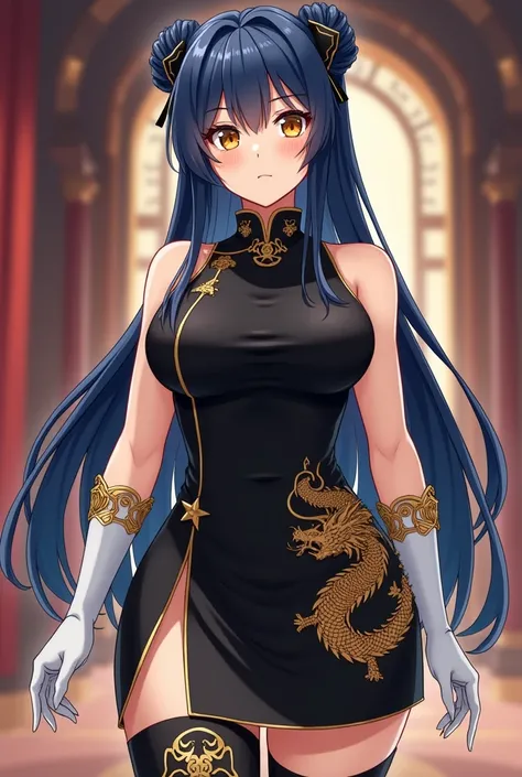 Anime. Velgrynd has long dark azure blue hair kept in twin buns with only black ribbons (dont add any accessories or strings) and deep golden eyes. Her usual attire consists of a sleeveless black cheongsam (her ample bust covered entirely by the cheongsam,...