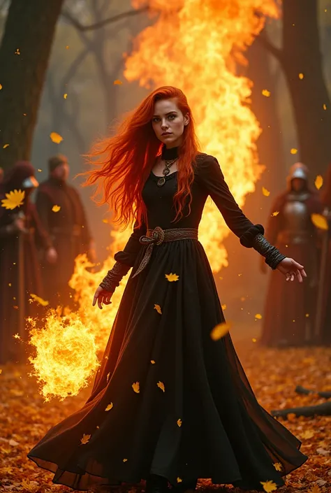 высокодетализированный снимок в полный рост,young redhead haired young woman 16 yo in black dress holding a glowing ball of fire, evil fire sorceress in the woods, casting fire spell, the sorceress casting a fireball, casting a fire spell, witch fairytale,...