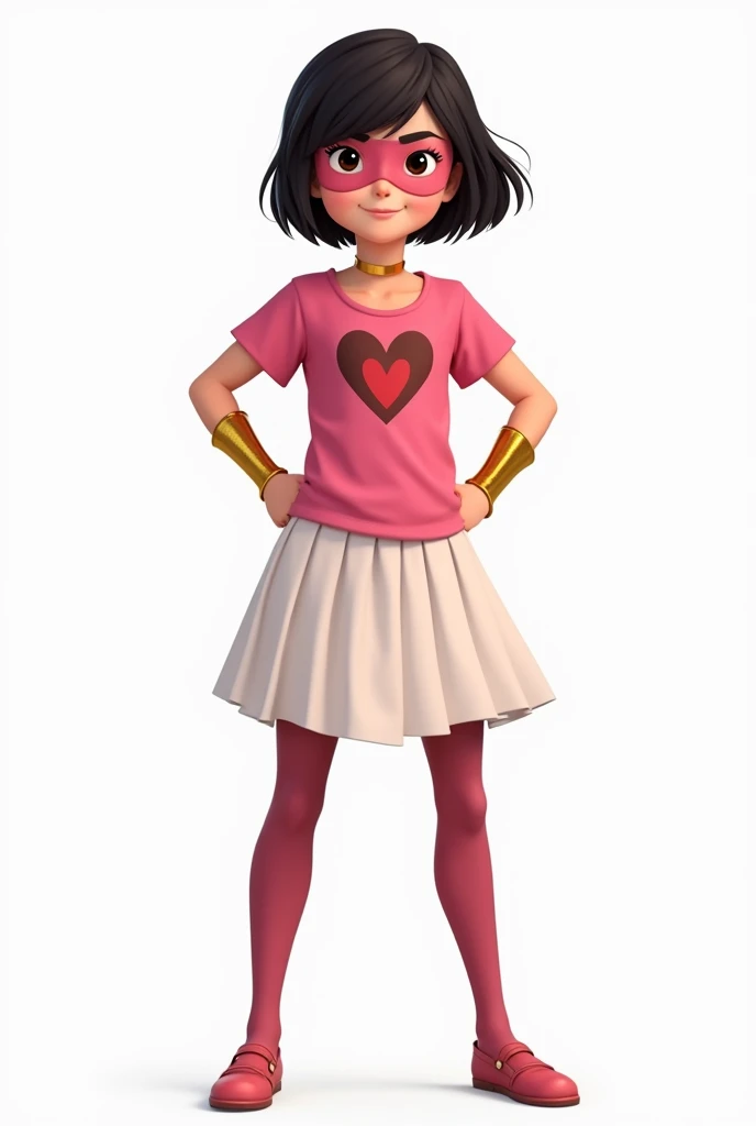  imagine a 12-year-old superhero . She has dark eyes and a penetrating look .  small breasts , thin.  She wears tights and a knee-length skirt over the pants. She also wears gold bracelets . she has short hair. her shirt is pink and the skirt is white . He...