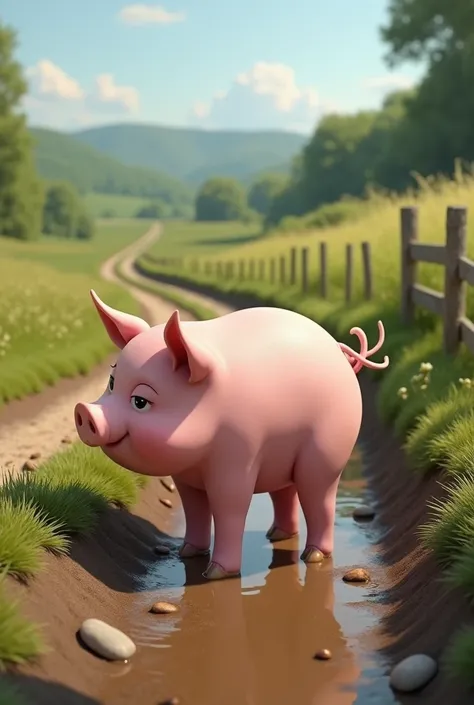 A pig standing in a side ditch of a country road