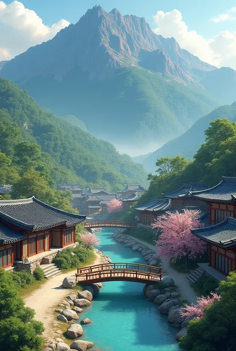 A Joseon Dynasty Korean village with a spring against a mountain backdrop