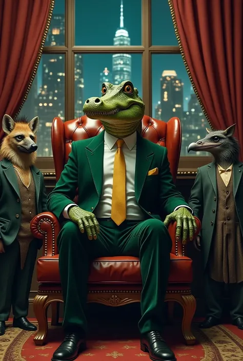 

A crocodile with a human body, dressed in a dark green velvet suit and a gold tie, sits on a leather throne in a luxurious office. Surrounding him are his loyal followers: a hyena, a boar and a vulture, all in sophisticated costumes. The setting is a roo...