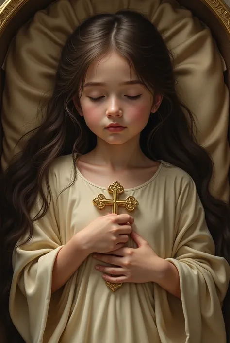 Youngl girl very long hair hands folded on chest holding gold crucifix barefoot dressed in satin shroud eyes closed mouth closed lying in satin coffin full top view 