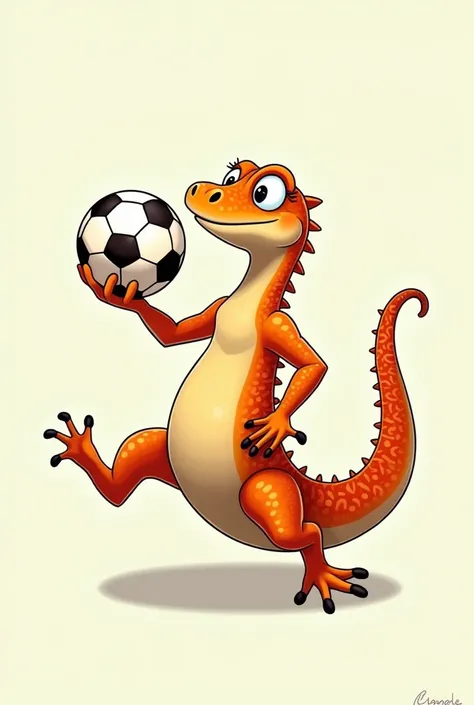 create a cartoon image of a tropical monitor lizard in an "S" shape holding a soccer ball and in plain background