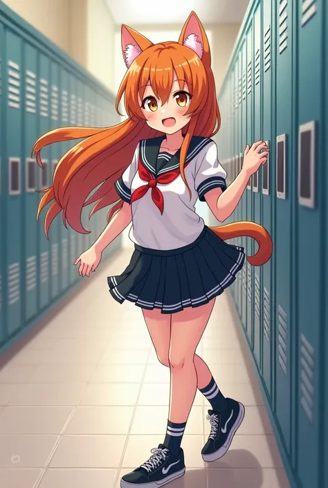 Ginger neko girlfriend, Highschool, black sneakers, Long hair, Cat ears