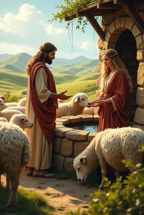 Image of Rachel with her sheep giving her the well to drink together with Jacob