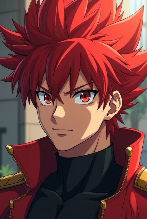 give me an anime charcter with red hair and very main charcter vibe also make into a small profile picture
manly