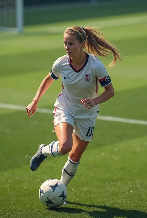 A hyper-realistic image of a white-skinned soccer player on a soccer field, wearing a hair band and with her hair tied in a ponytail 