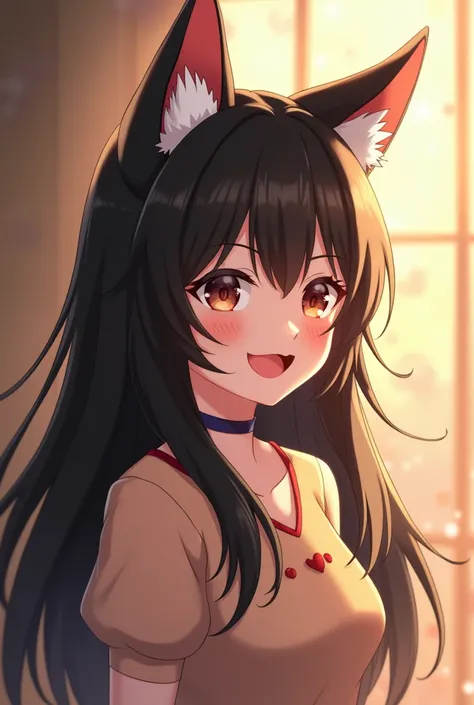  1 girl, chest, Long Hair, smile, Black Hair, Fox Ears, anime, 