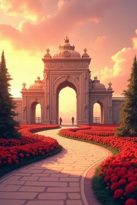 The caricature image is a digital illustration bahria town gate Karachi, pakistan. There is a pathway lined with red flowers and the sky is a beautiful orange and pink hue, indicating that it is either sunrise or sunset. The image has a dreamy and romantic...