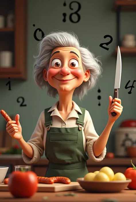 Pretty grandmother standing with a sausage in her left hand and a knife in her right hand and with black math numbers in the air 