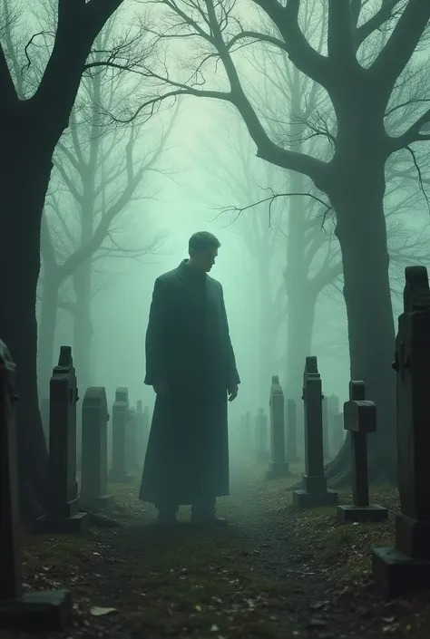 Man fading away in a cemetery