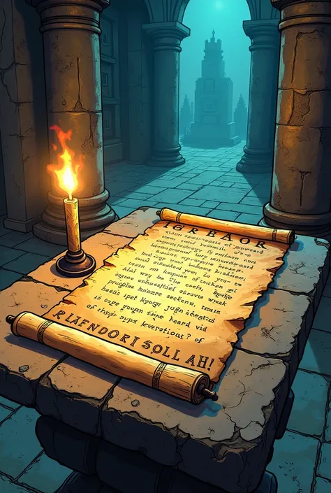  draw an image of a papyrus with a magic spell written, on a stone table ,  lAmerican comic style 