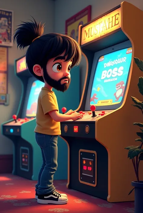 A young cartoon with bun black hair , big beard,  dark brown eyes dressed in a retro t-shirt and jeans ,  standing in front of an original Cadillac and Dinossaur .  Her eyes are full of emotion ,  arcade console attached to the pixelated screen where the i...