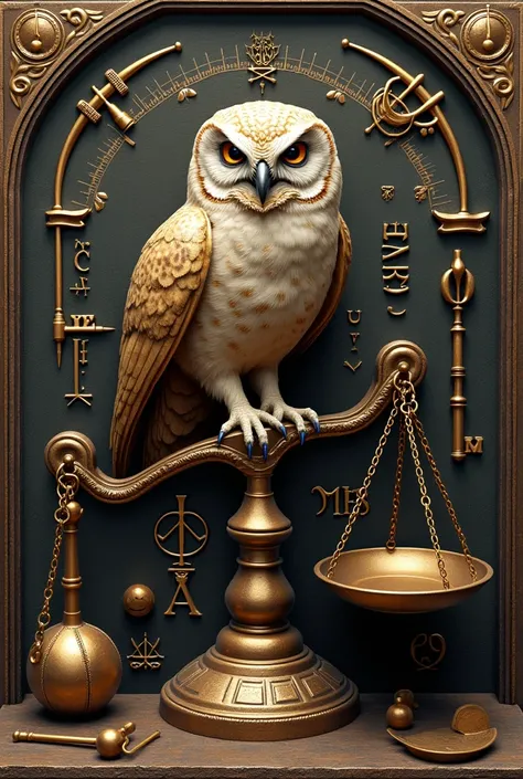  Make a bronze coin stamp image of an owl of knowledge with its wings collected,  set on an old scale with mathematical elements , Compas , old key and compass  