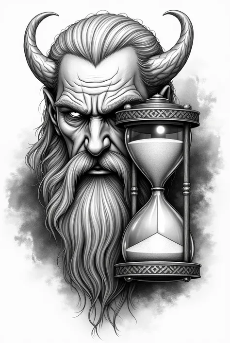 black and white drawing of odin&#39;s face and the viking hourglass