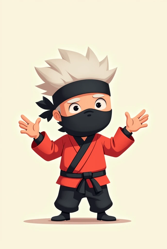 Make a little ninja who wears a red jacket and black pants with white hair and hes explaining something Cartoon-style with a minimalist background 