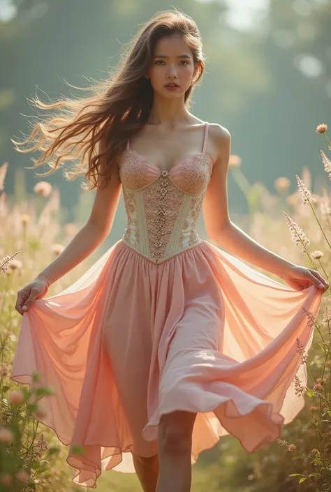 20 years old,Super Detail,A beautiful girl, , Playful and charming. The girl&#39;s skirt is made of delicate, The flowing fabric seems to dance in the breeze. The color is soft pastel, Reminiscent of the wildflowers around her. The corset fits well, Exquis...