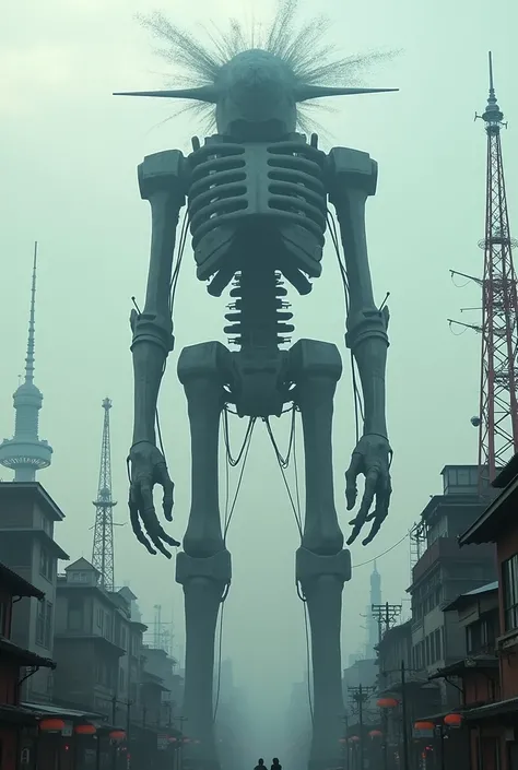  movie scene、 Imprint Image、8k、Kyoto city、Steel Tower Man （ Tetto Oko ）
　 is a huge specter with a figure similar to a steel tower 、 with antennae standing at the top of the head。The body is a steel bone 、Skeleton、 sucks up radio waves at night 、 emits str...