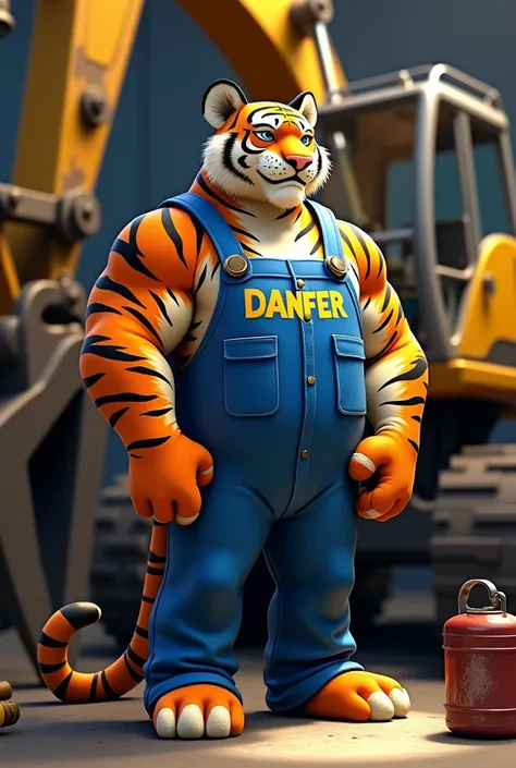  Make Disney Pixar animation-style images of a bipedal muscular humanoite Bengal tiger dressed in a blue mechanics jumpsuit with the word DANFER.  He stands next to a large, disassembled excavator .