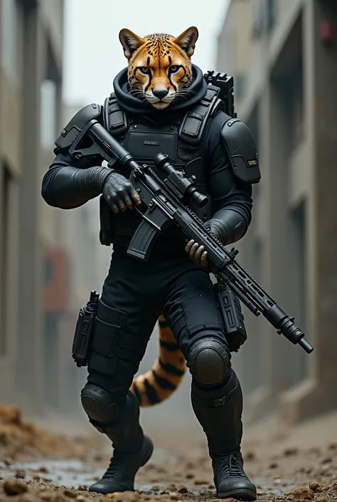  Humanoid cheetah with athletic physique, black uniform and assault rifle 