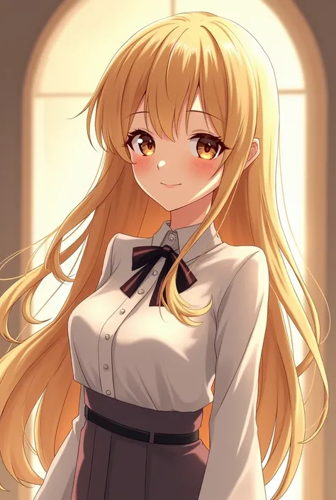 a young anime-style girl with a whitish complexion and a slender and elegant figure!.  Her long golden mane reached her waist and her eyes were penetrating and sharp,  even when she maintained a serene expression .  Her face was beautiful and her smile was...