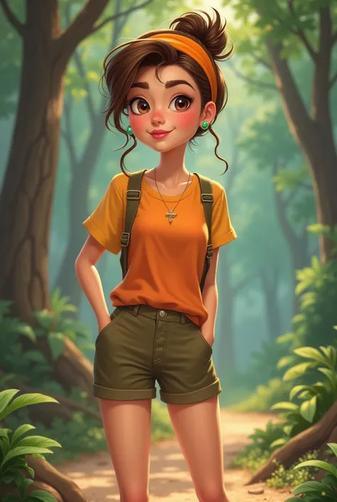 She has woman milf light brown hair with an orange headband. She wears an orange tank top, olive-brown shorts, brown socks, and brown flats. She wears small green earrings, gravity falls, corte de cabello tipo bonb, medium chest, medium butt, Maternal hips...