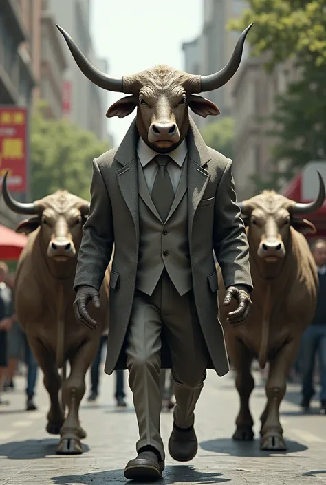 


bull with human body with very realistic bull skin, dressed in a suit with his humanoid bull partners at the side, on a walking street