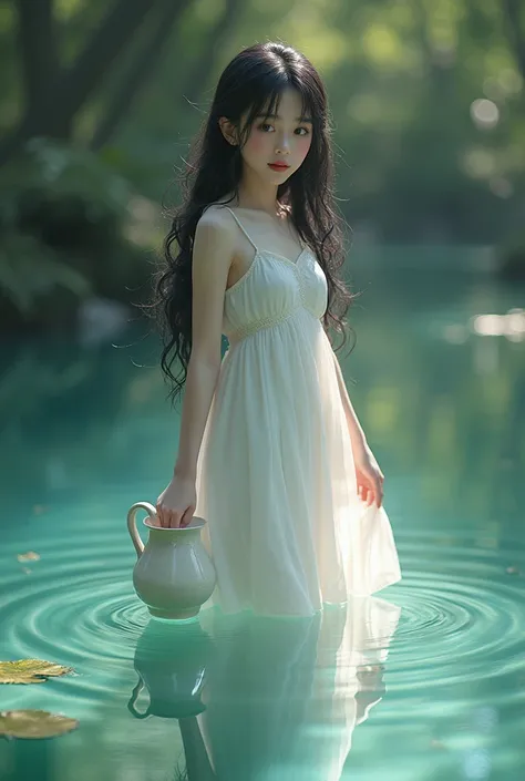  Beautiful girl with long black hair , wearing a white dress standing on a pool of water with a jug of water in her right hand 