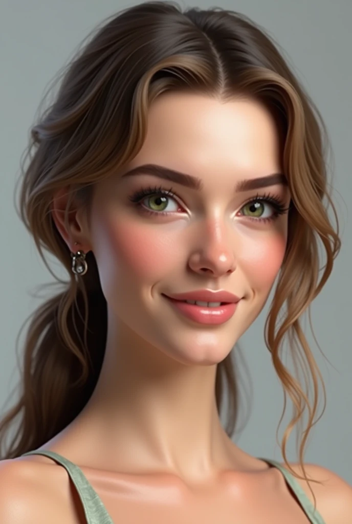 Create an ultra-realistic 3D model of a 2 European woman. She has a fair complexion with a sweet and friendly facial expression. Her hair is light brown, shoulder-length, and slightly wavy, complementing her bright green eyes. The model has a height of 169...