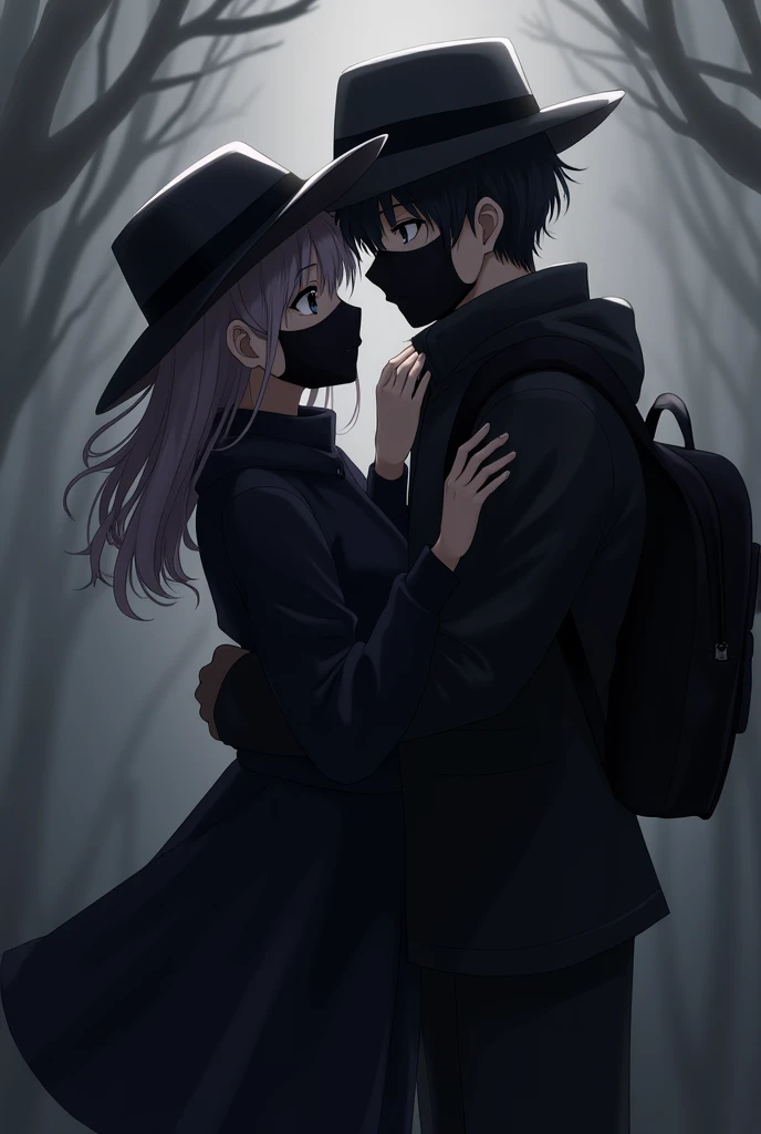 
Anime girl wearing black mask wearing jacket with black hat wearing black backpack wearing black robe hugging anime boy wearing black mask wearing jacket with hat wearing black backpack wearing black robe  