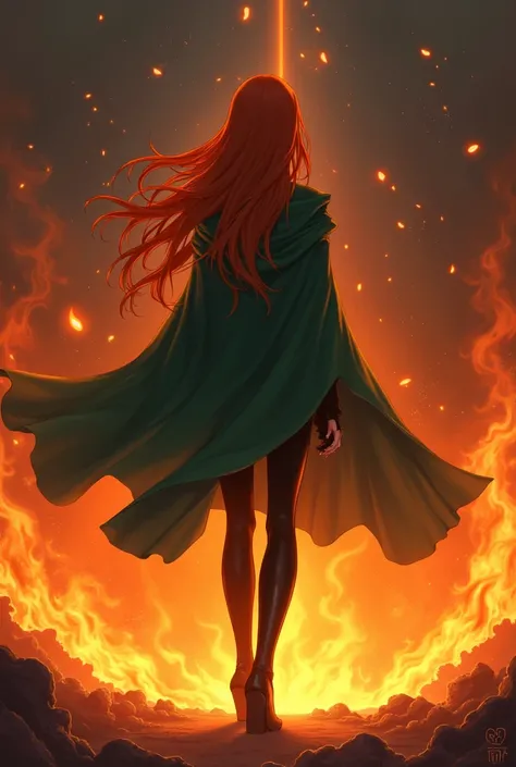 Anime woman with long ginger hair, standing with her back to viewer. while all around her is fire. She wear black clothes and green cloak. holding a small dagger.