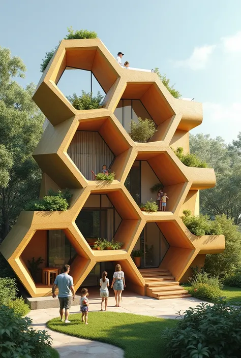  It represents a house made of hexagonal modules , inspired by cells in a hive .  These modules are grouped in the shape of a hill ,  and some have small gardens on the roofs ,  while others have large windows to allow light to enter .  A family can be enj...