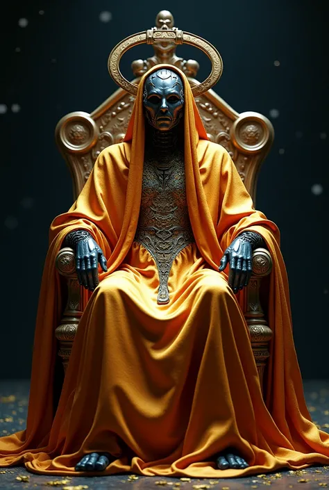 A luxurious elegant intimidating Saturn king faceless as a robot with a crown of rings displaying an exotic starry golden orange cotton silken starry red brown full robe made of exotic materials, sitting on a throne, starry black background, looking into t...