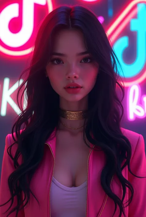 A  pretty girl (caricature ) with long black hair with sign written KIRA, wearing a pink jacket,  neon lighting tiktok logo background