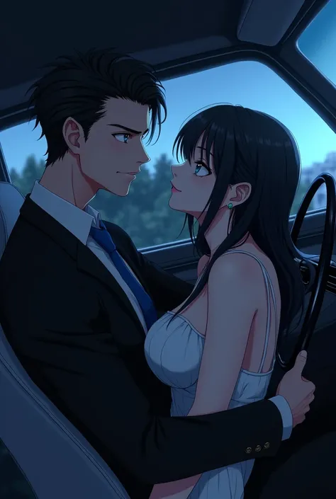 An anime guy with black hair slicked back in sexy way, he had blue eyes, his chest a board, his body is perfect shape, he is pale skin, wearing sexy black suit with blue tie,he has (villian vibes, mafia style), sitting in the seat of car, the lights dim ar...