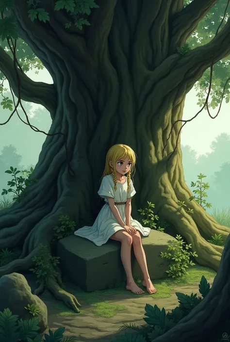 Blonde girl with braids sitting on a rock under a giant tree crying 